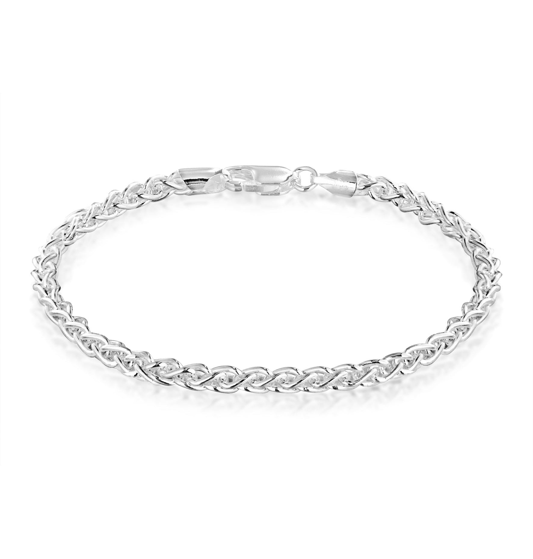 A sterling silver bracelet with a square spiga chain link design, displayed on a white background.